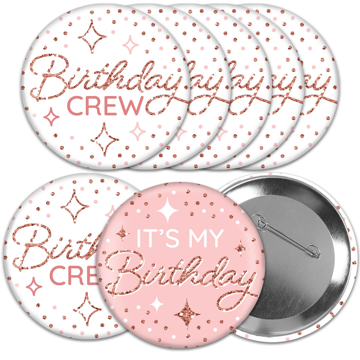 Big Dot of Happiness Pink Rose Gold Birthday - 3 inch Happy Birthday Party Badge - Pinback Buttons - Set of 8