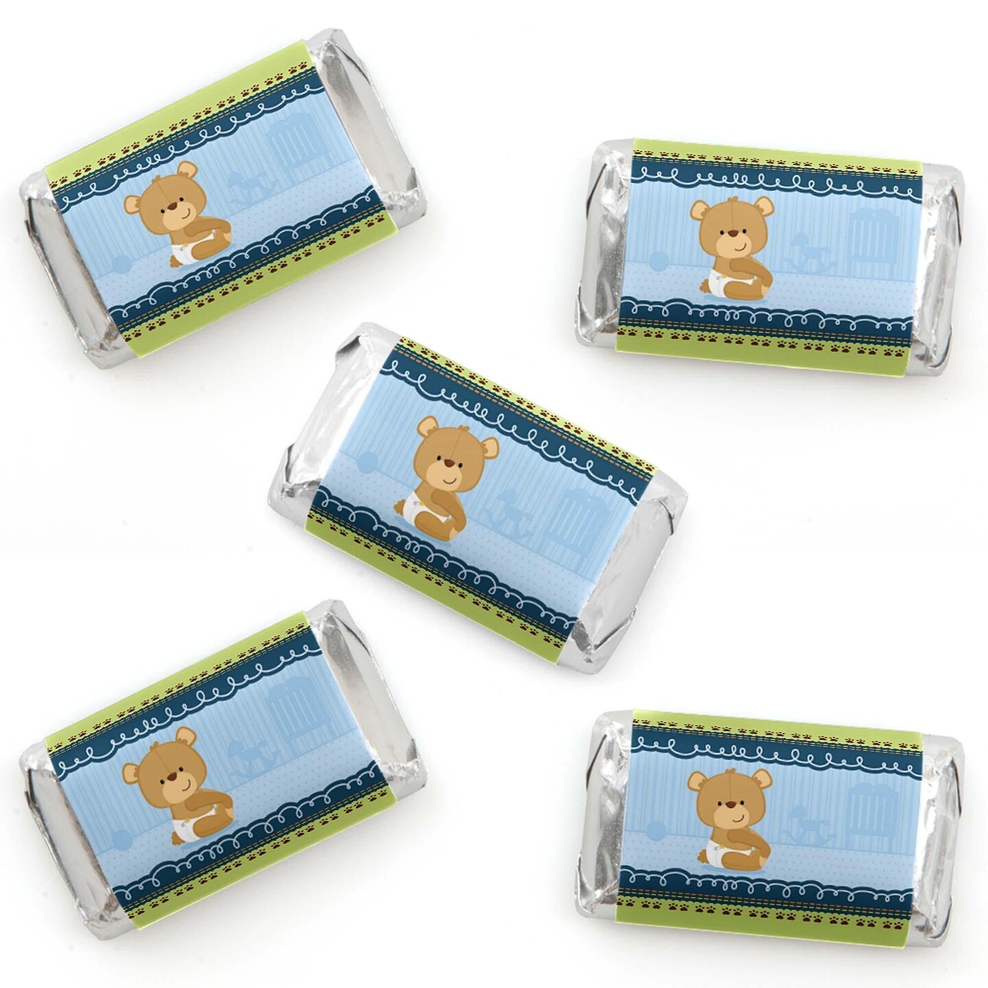 Big Dot of Happiness Baby Boy Teddy Bear - Mini Candy Bar Wrapper Stickers - Baby Shower Small Favors - 40 Count