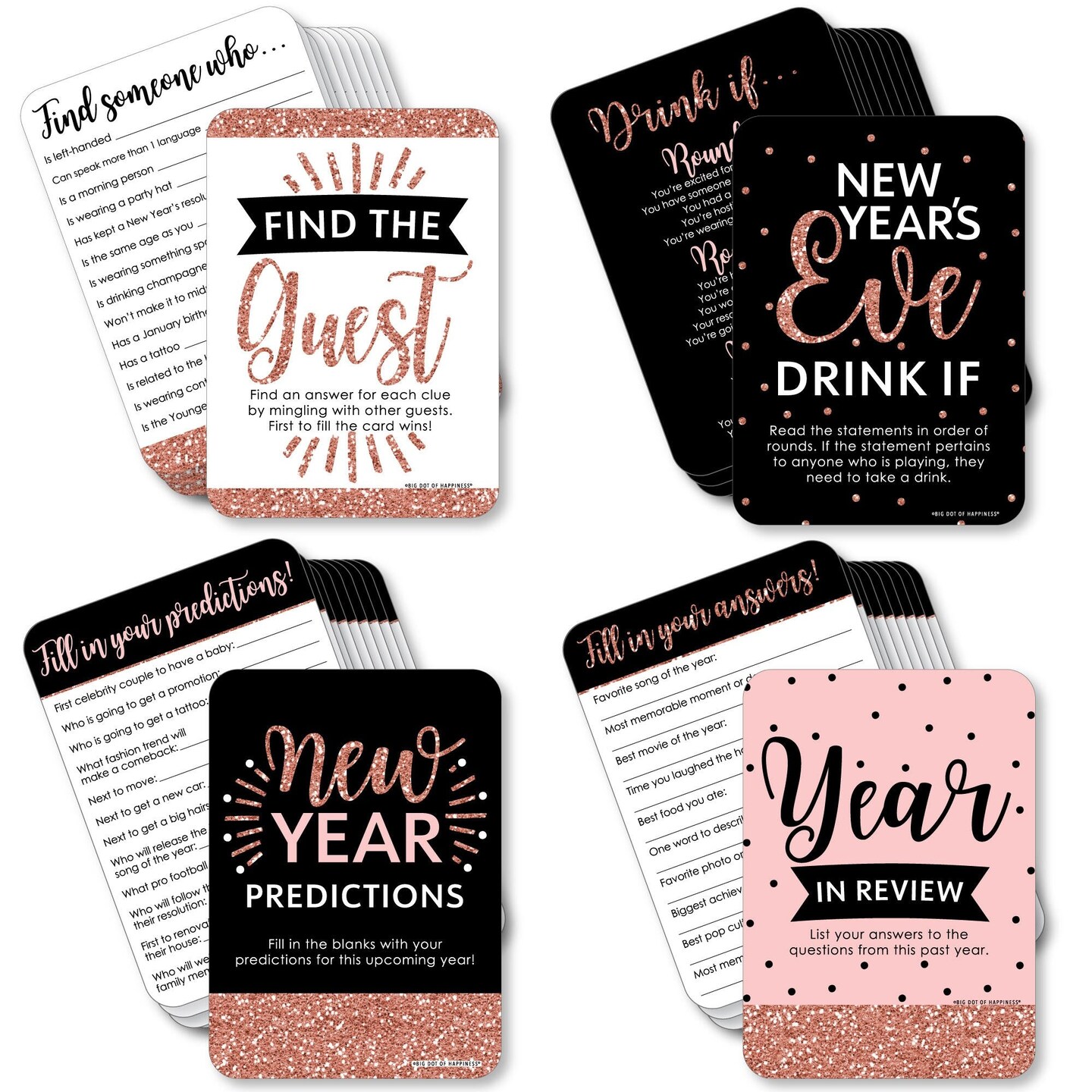 Big Dot of Happiness Rose Gold Happy New Year - 4 New Years Eve Party Games - 10 Cards Each - Gamerific Bundle