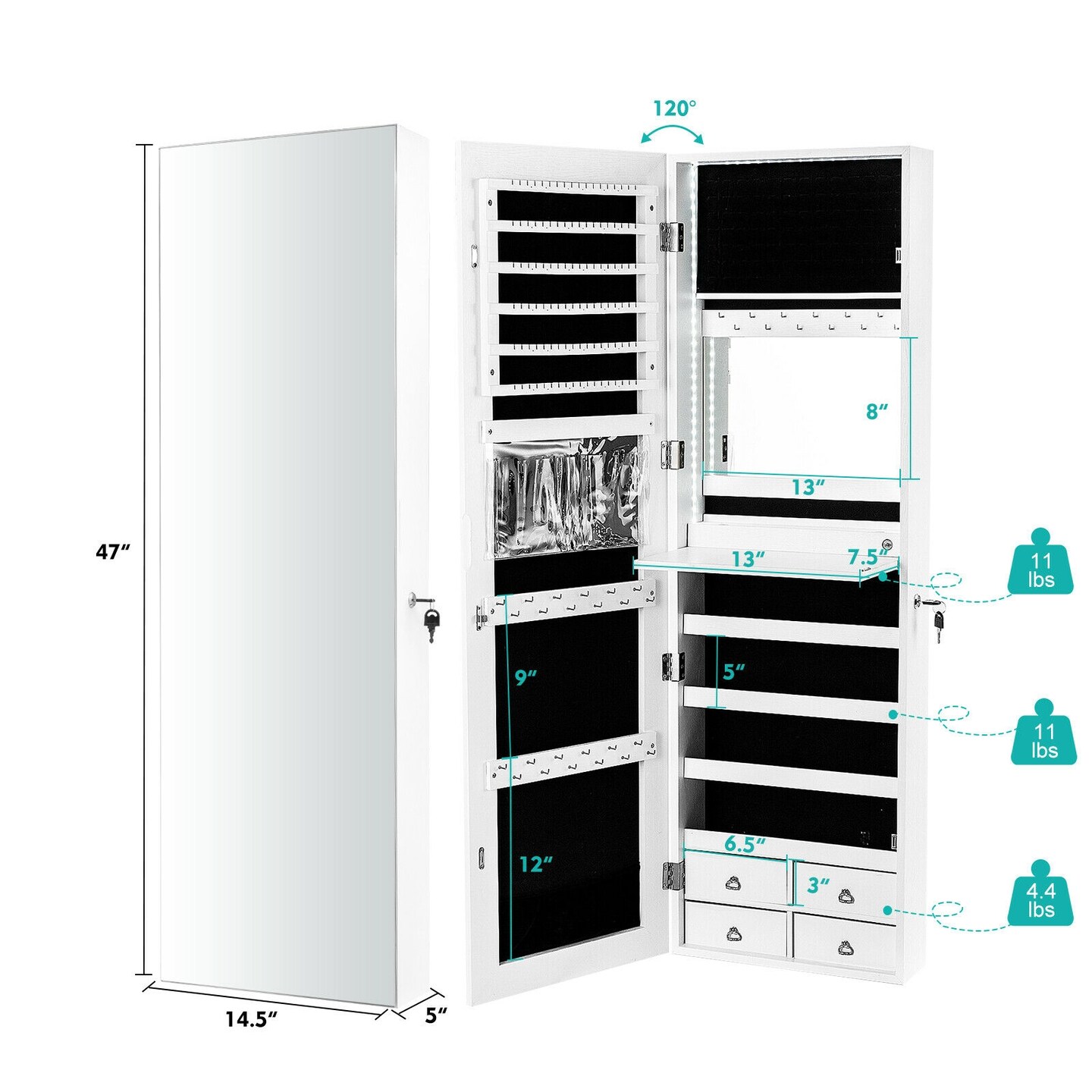 Multipurpose Storage Jewelry Cabinet with 4 Drawers and Full-length Mirror