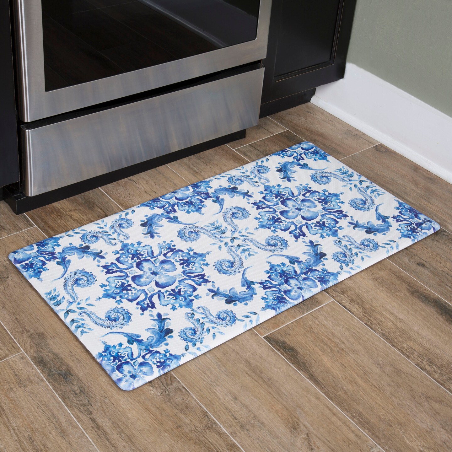 Oversized 20x39 Anti-Fatigue Embossed Floor Mat (POPPY SKETCH TILE BLUE)