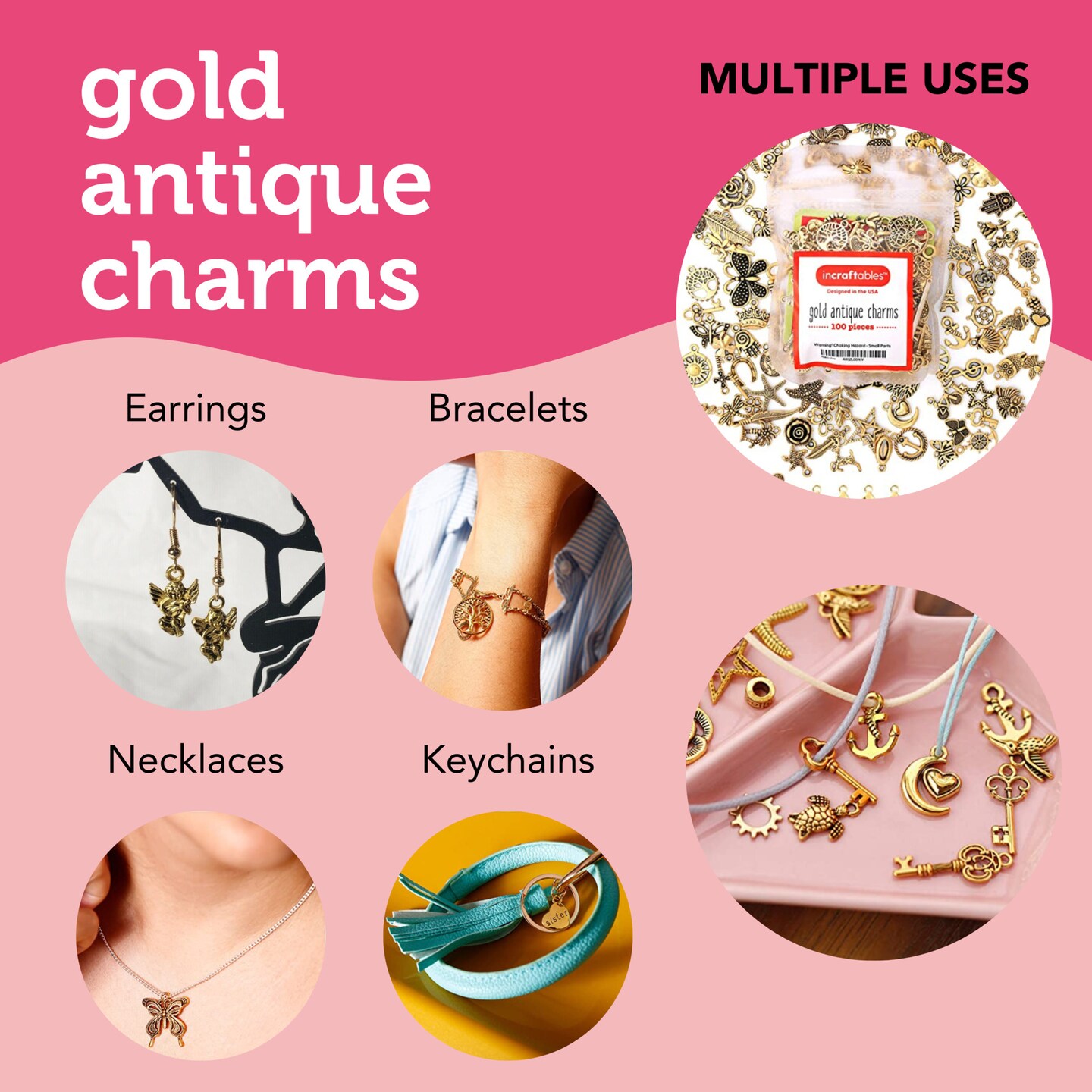 Incraftables 100pcs Gold Charms for Jewelry Making with 15pcs Clasps & Rings. Best Antique Metal Designer Charm for DIY Bracelets & Necklaces. Bulk Assorted Charms for Bracelet & Crafting Supplies