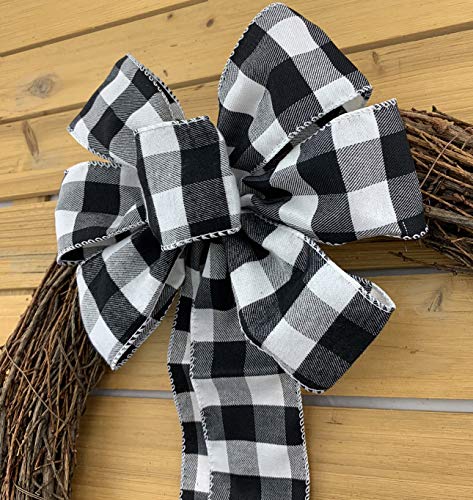 Buffalo Plaid Christmas Wreath Bow - 10&#x22; Wide, 18&#x22; Long Pre-Tied Bow, Black and White Checkers, Fall Decor, Door Decoration, Swag, Wreath, Garland, Boxing Day, Winter, Thanksgiving