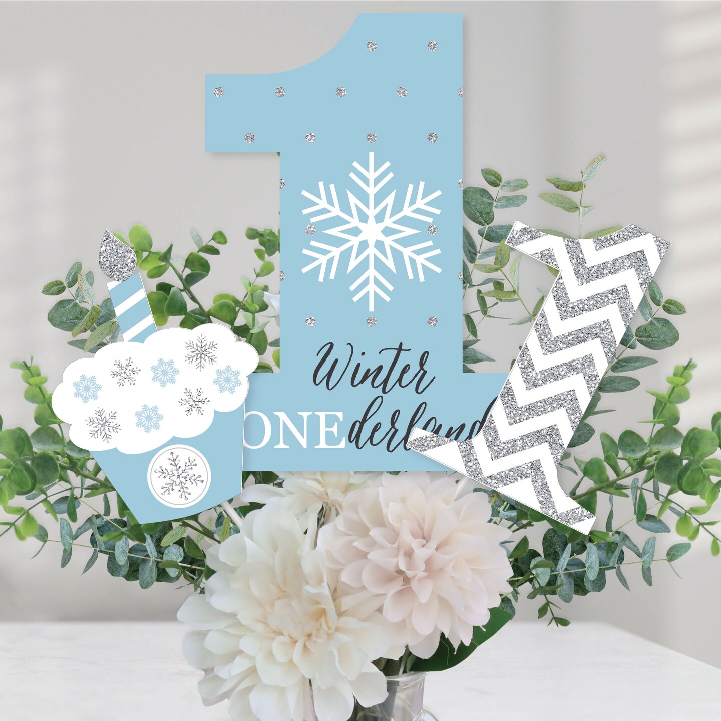 Big Dot of Happiness Onederland - Snowflake Winter Wonderland First Birthday Party Centerpiece Sticks - Table Toppers - Set of 15