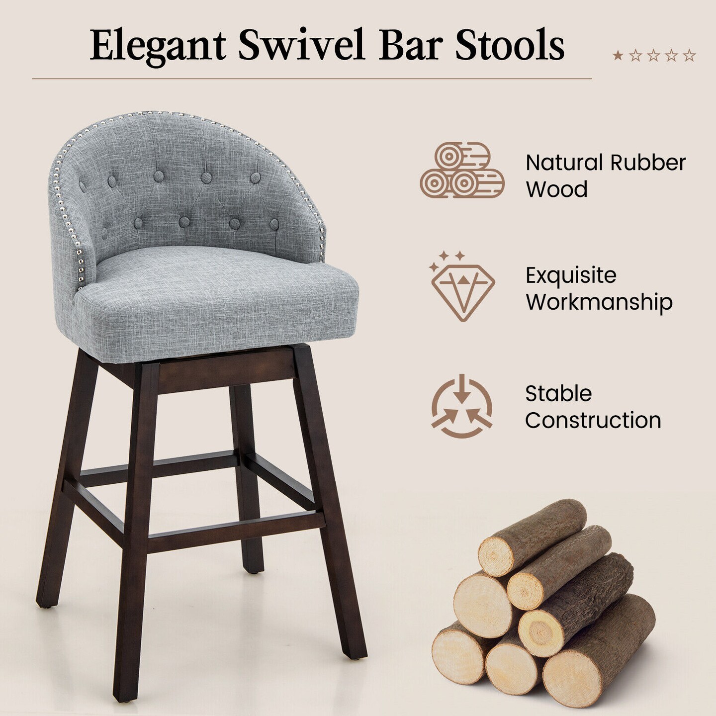 Set of 2 Swivel Bar Stools Tufted Bar Height Pub Chairs with Rubber Wood Legs