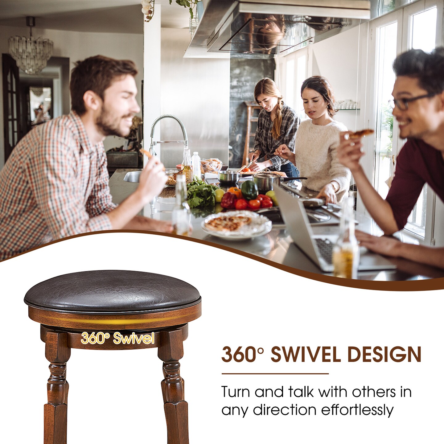 Set of 2 Swivel Leather Padded Bar Dining Stool with Footrest