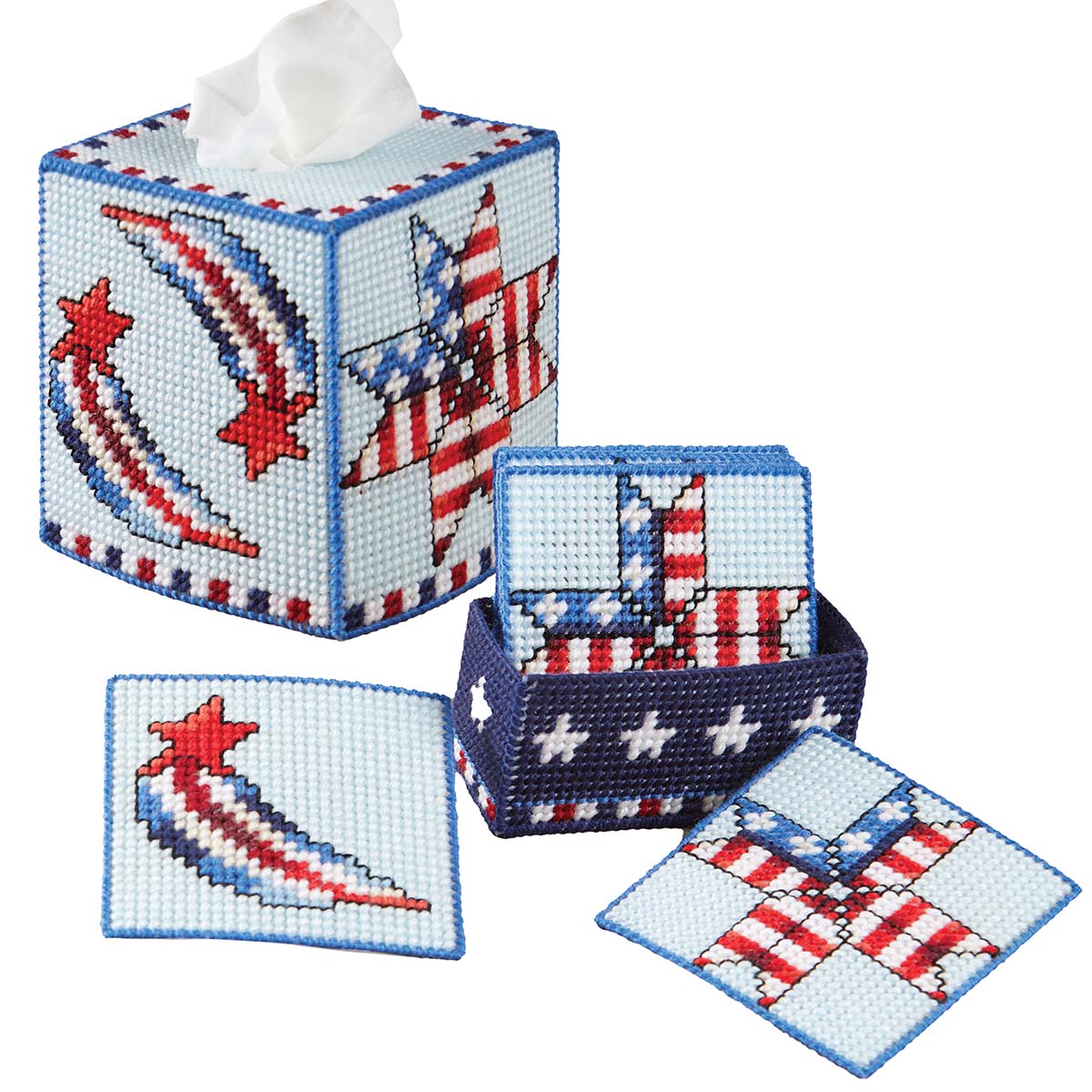 Herrschners Stars & Stripes Tissue Box & Coasters Set Plastic Canvas