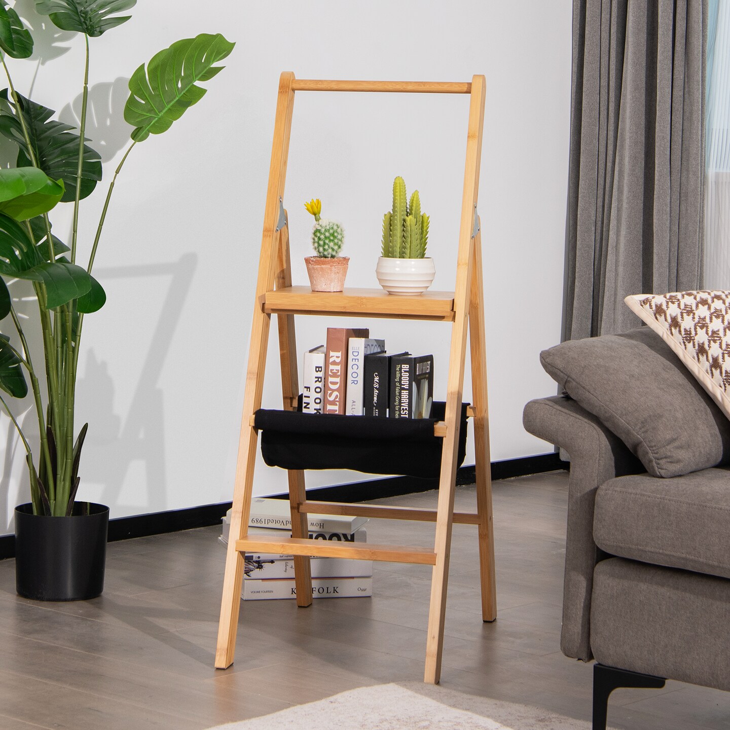 3 Step Fold-able Wicker Step Ladder Stool with Tool Storage Bag