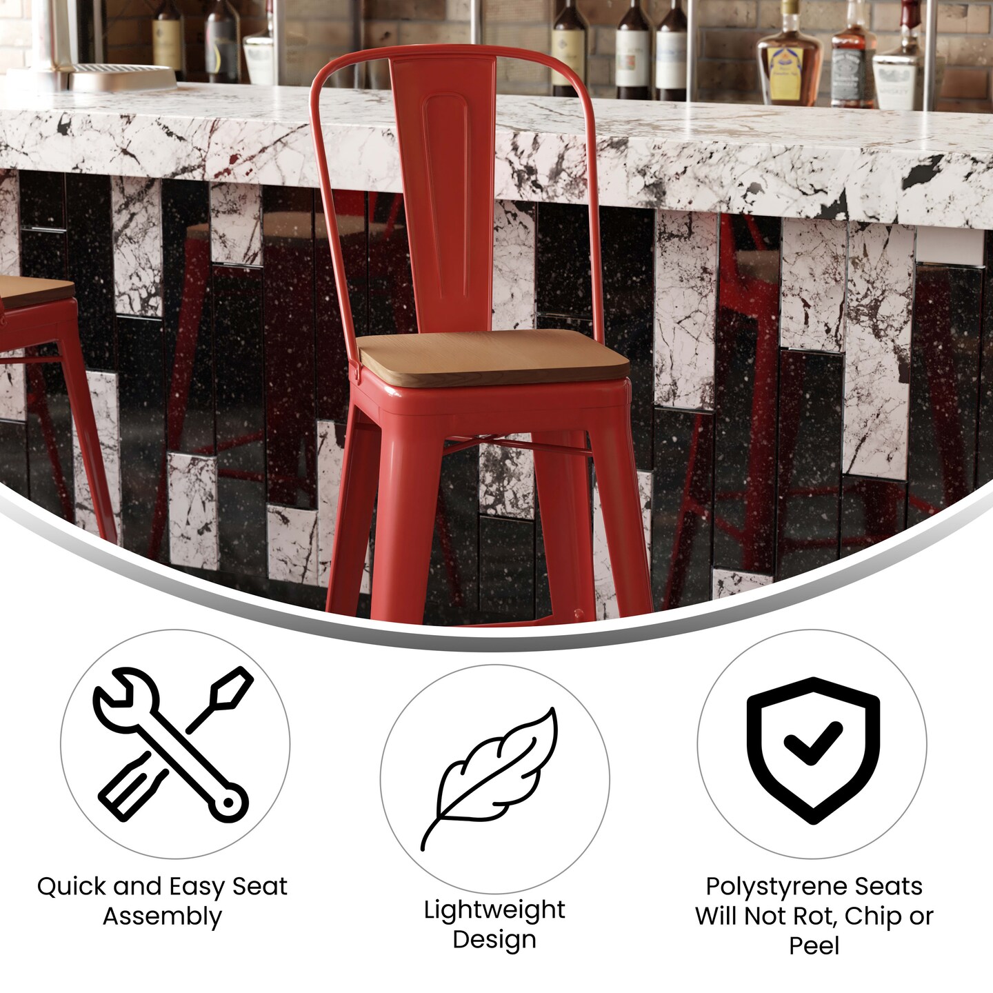 Emma and Oliver Kam Metal Indoor-Outdoor Stool with Removable Back and All-Weather Polystyrene Seat