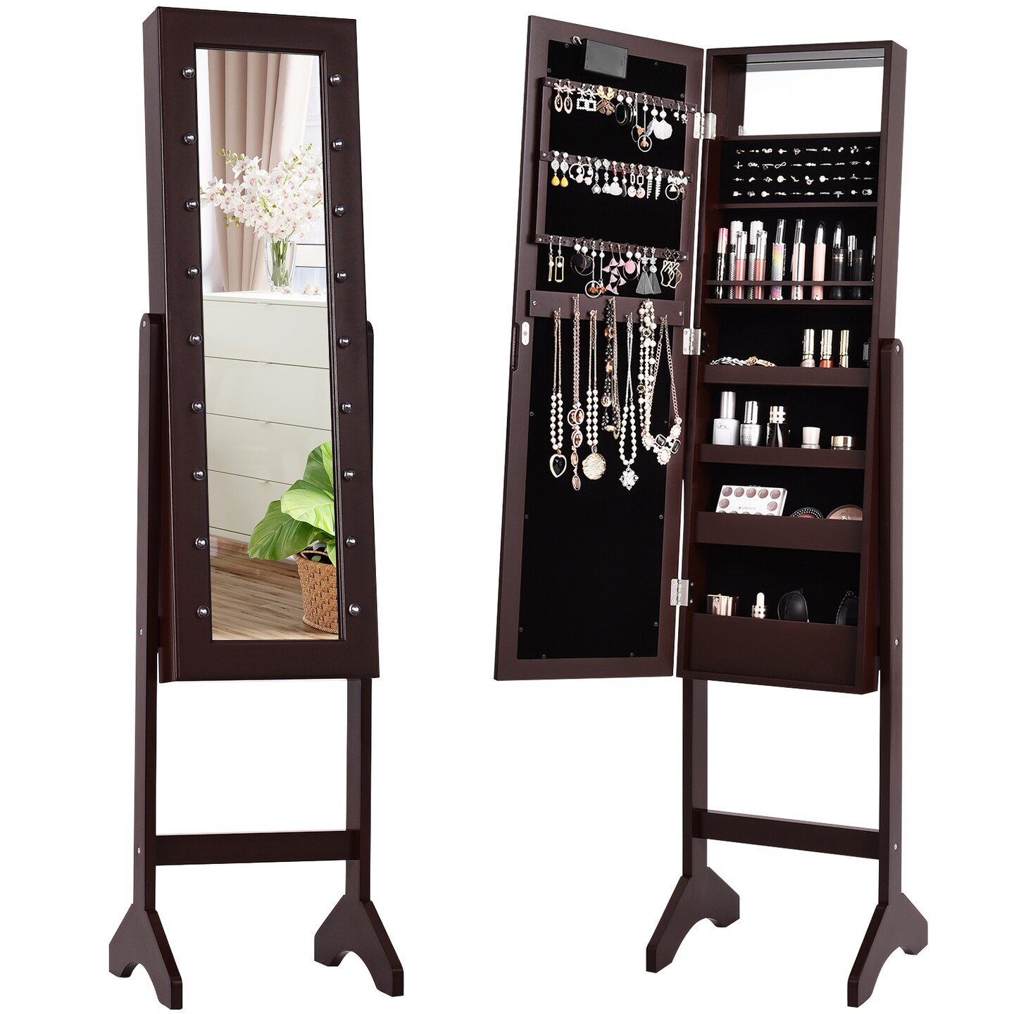 Freestanding Jewelry Organizer Cabinet Armoire with LED Lights and Full Length Mirror