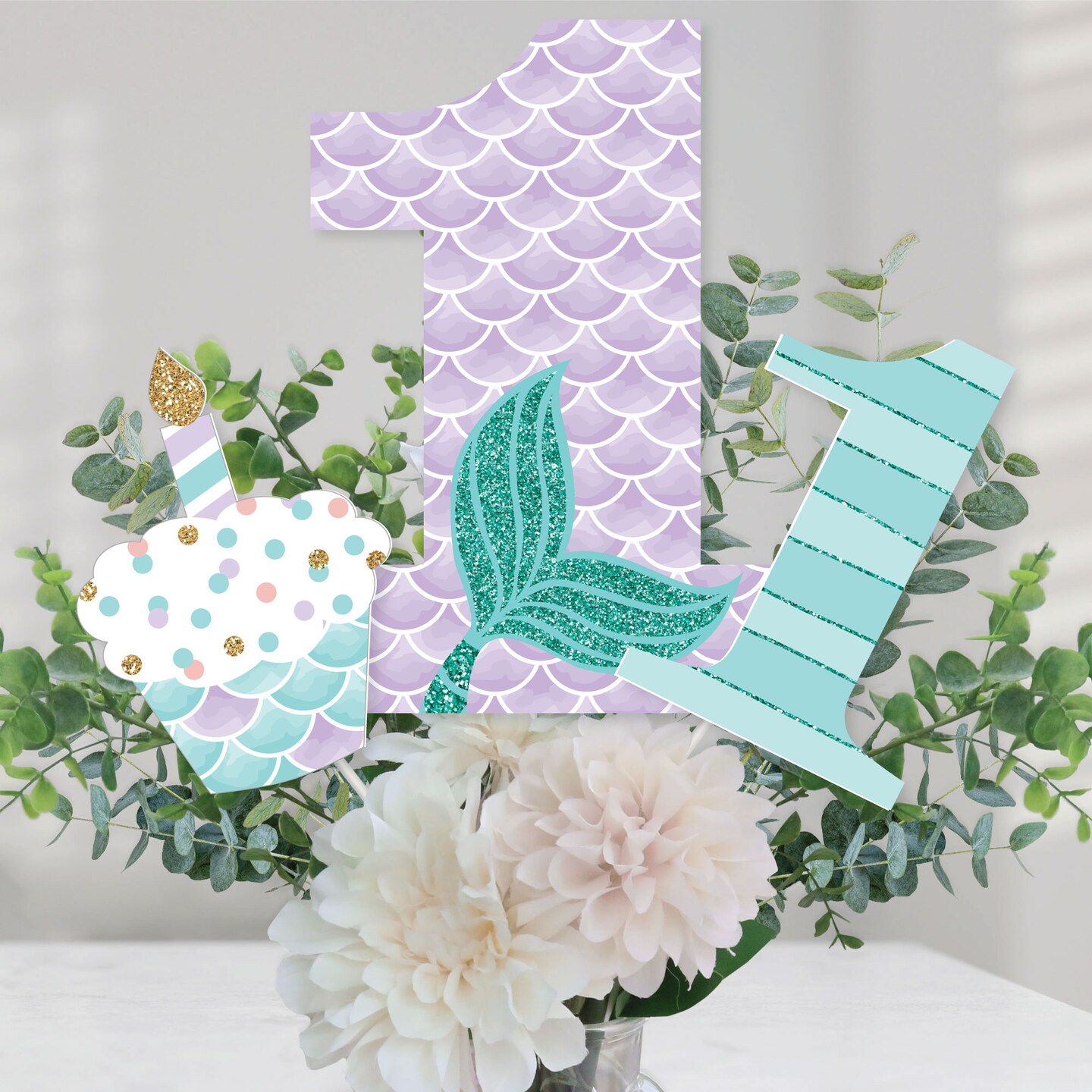 Big Dot of Happiness 1st Birthday Let&#x27;s Be Mermaids - First Birthday Party Centerpiece Sticks - Table Toppers - Set of 15