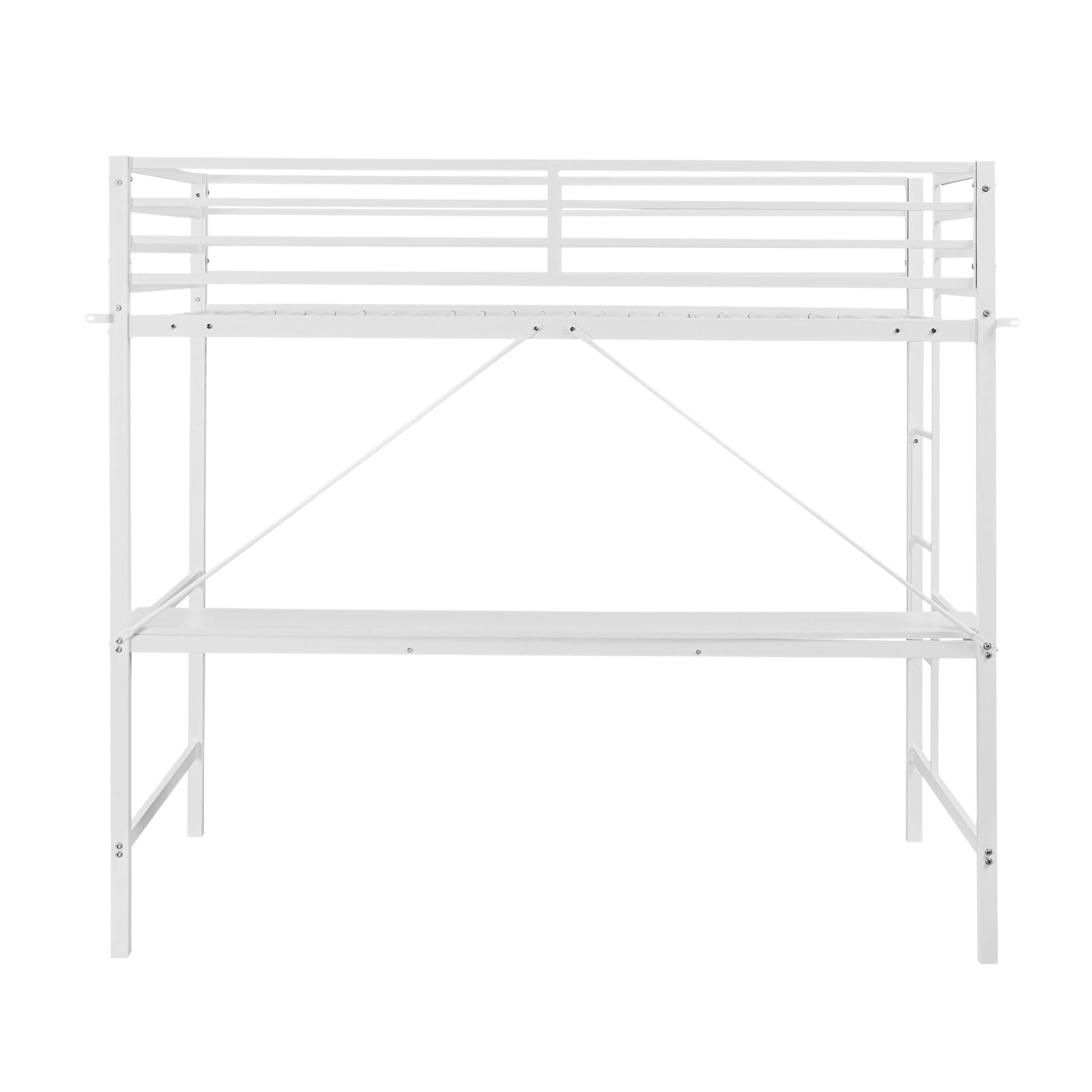 Emma and Oliver Jensen Metal Loft Bed Frame with Desk, Protective Guard Rails and Ladder for Kids, Teens and Adults