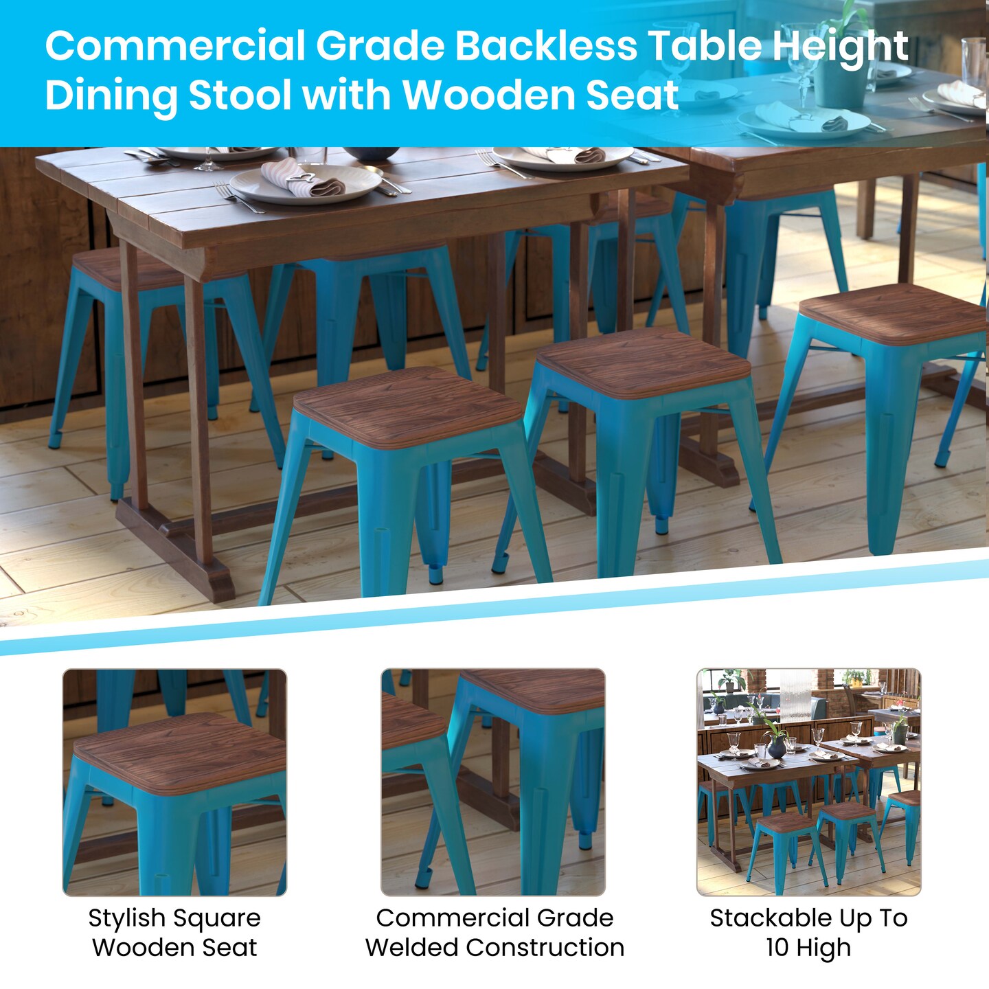 Emma and Oliver Set of Four Table Height Backless Stacking Welded Iron Stools with Wooden Seats and Under Seat Bracing for Indoor Use