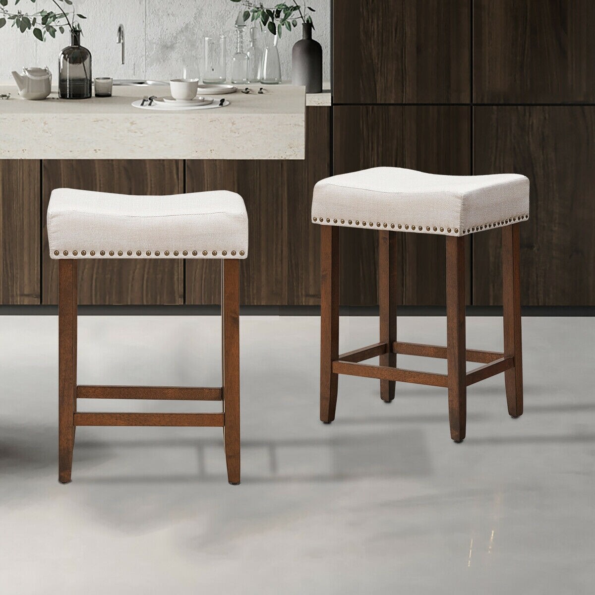 24 Inch Set of 2 Backless Curved Saddle Seat Bar Stools with Nail head Design Ideal for Indoor Seating
