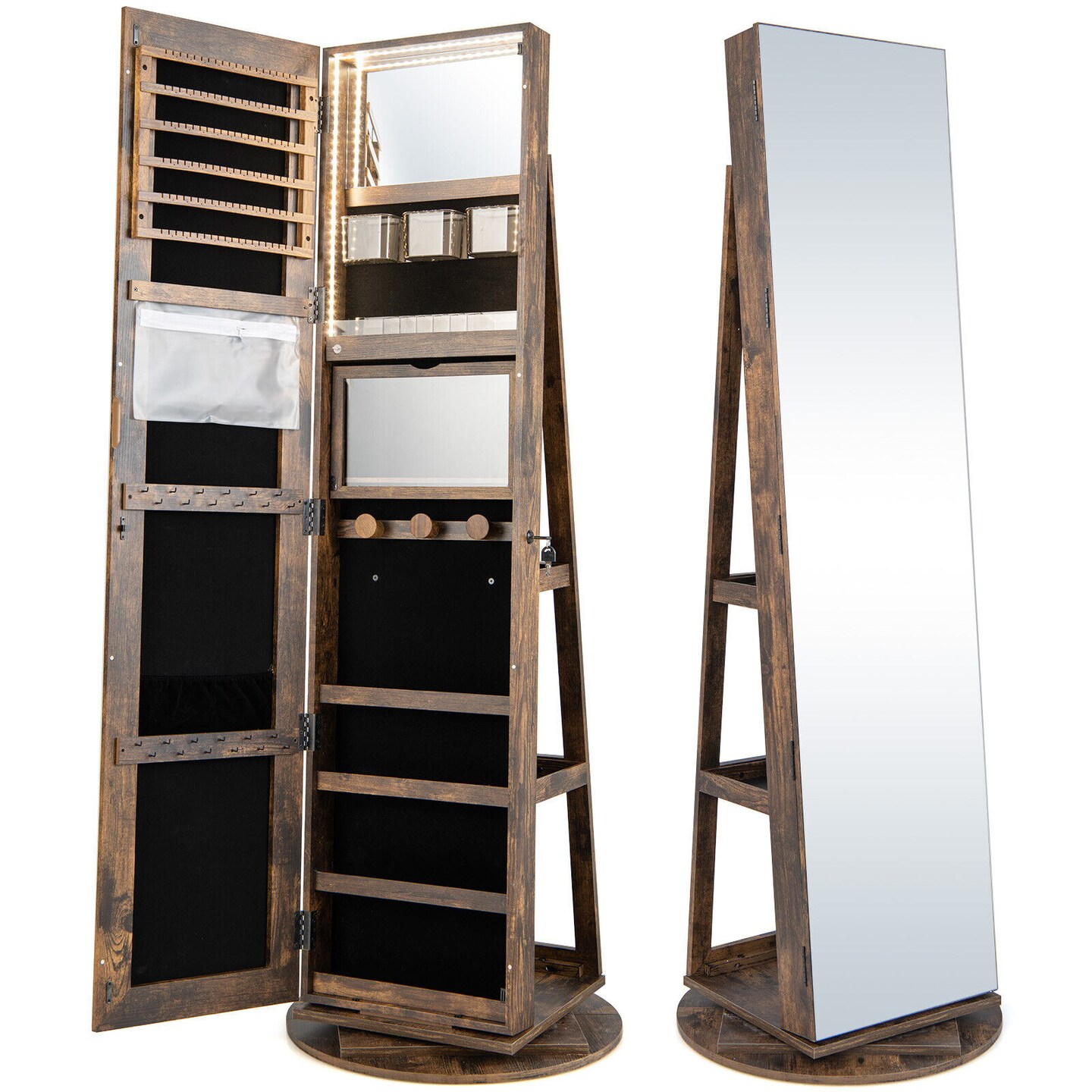 360 Degree Full Length Mirror Jewelry Armoire Cabinet with 3-Color LED Lights and Lockable Door