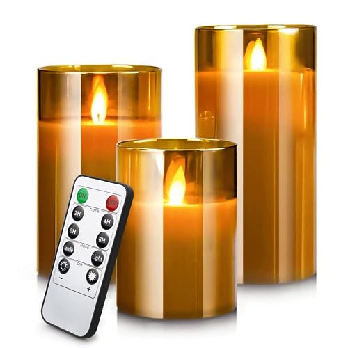 YMing Flameless Candles with Remote Flickering Battery Operated Candles, LED Flickering Fake Candle for Room Decor Home Decorative Flameless Pillar Candles Set of 3 Christmas Decor
