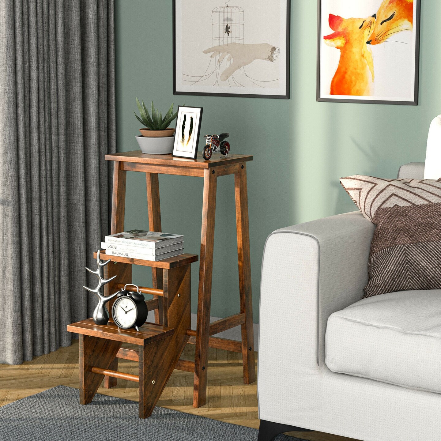 3-in-1 Rubber Wood 3 Tier Folding Step Stool Ladder Storage Shelf