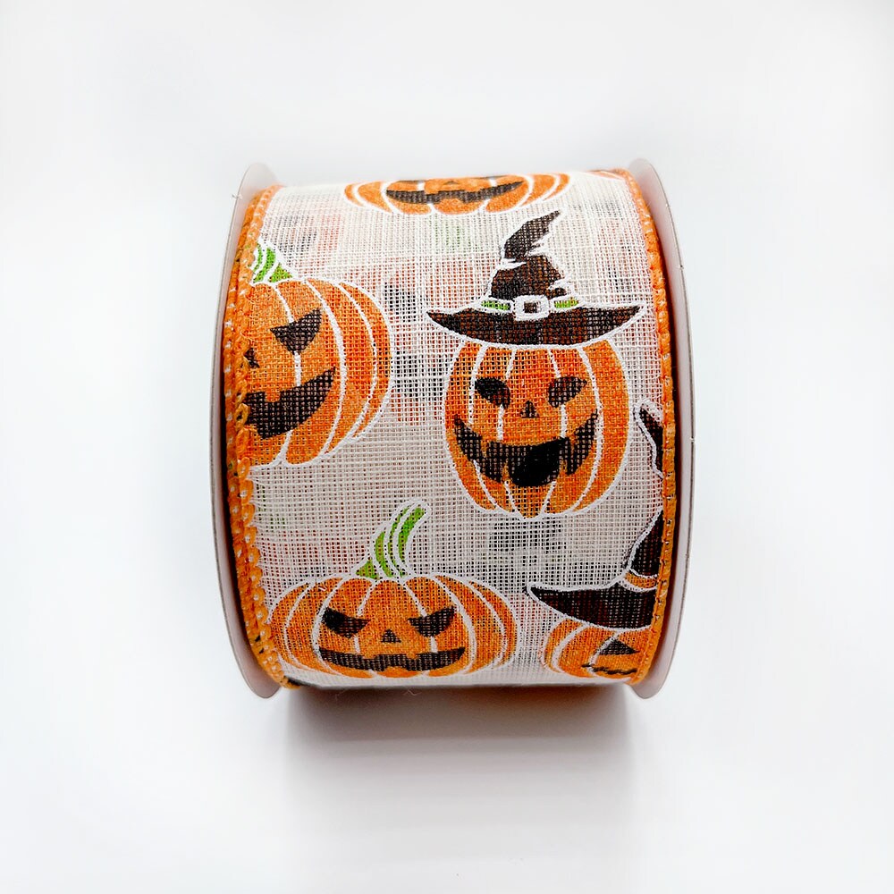 Designer&#x27;s Shop Holiday Autumn Jack O Lanterns wired edge ribbons WR 63-5131 2.5&#x22; x 10 yards
