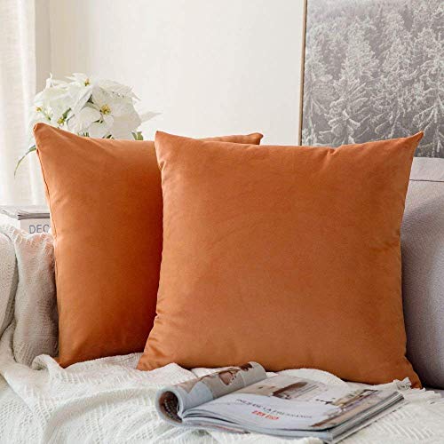 MIULEE Fall Pack of 2 Velvet Soft Solid Decorative Square Throw Pillow Covers Set Cushion Case for Sofa Bedroom Car 18x18 Inch 45x45 Cm Orange