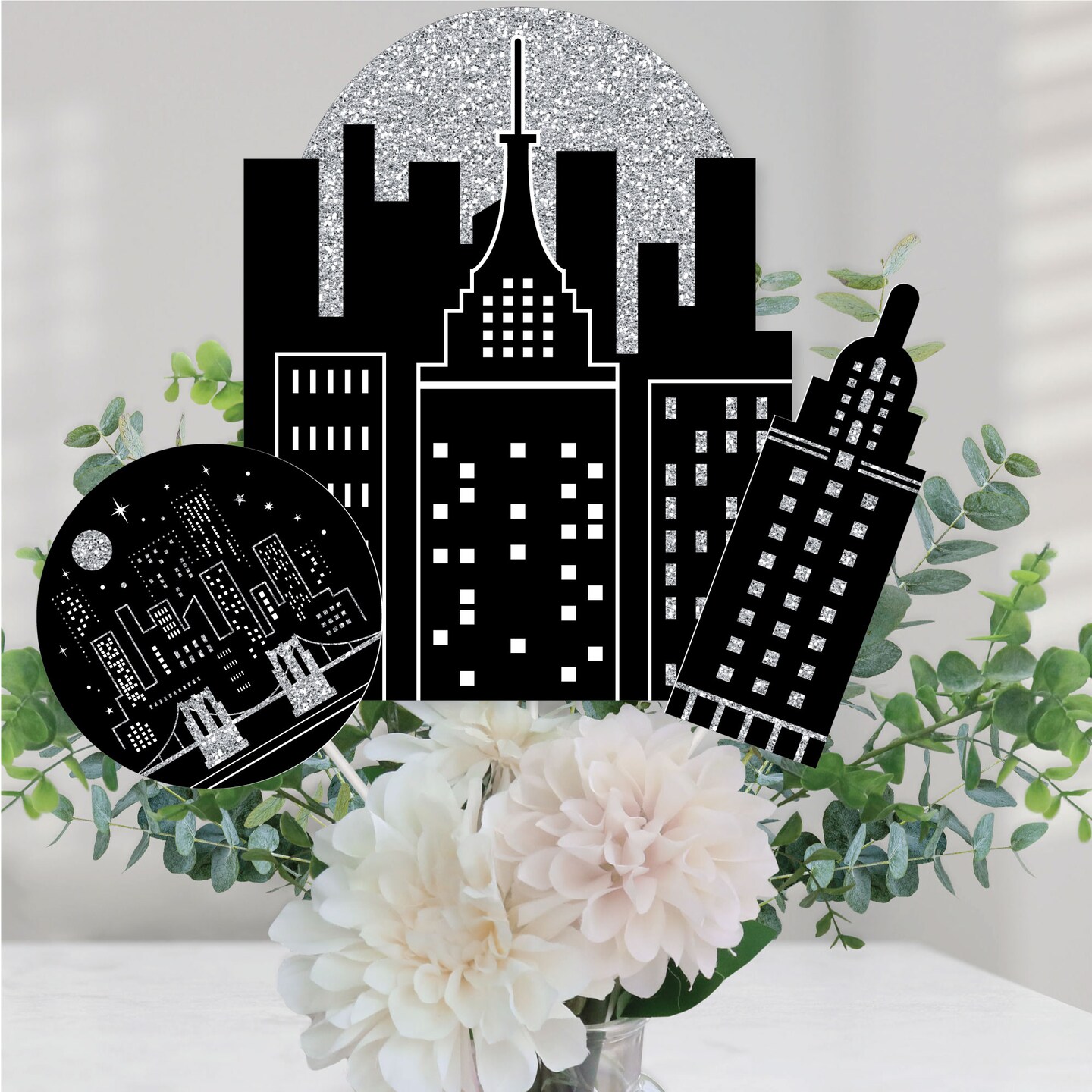 Big Dot of Happiness Nighttime City Skyline - New York Party Centerpiece Sticks - Table Toppers - Set of 15