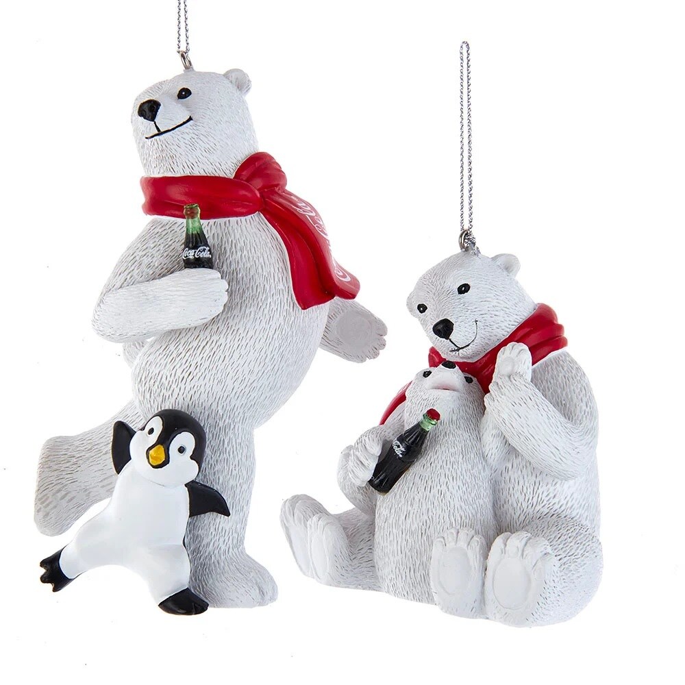 KSA Pack of 12 Red and White Coca Cola Bear With Penguin and Cub Christmas Ornaments 4.75"