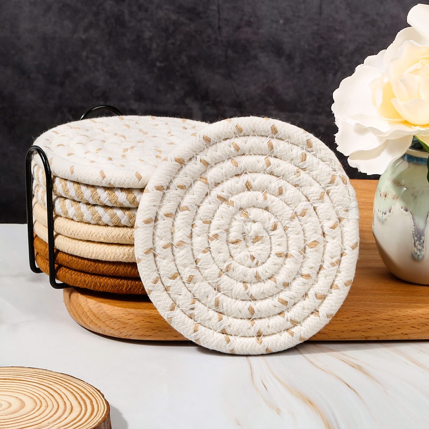 8 Pcs Drink Coasters with Holder, 4 Colors Absorbent Coasters for Drinks, Minimalist Cotton Woven Coaster Set for Home Decor Tabletop Protection Suitable for Kinds of Cups, 4.3 Inches.(NO.2)