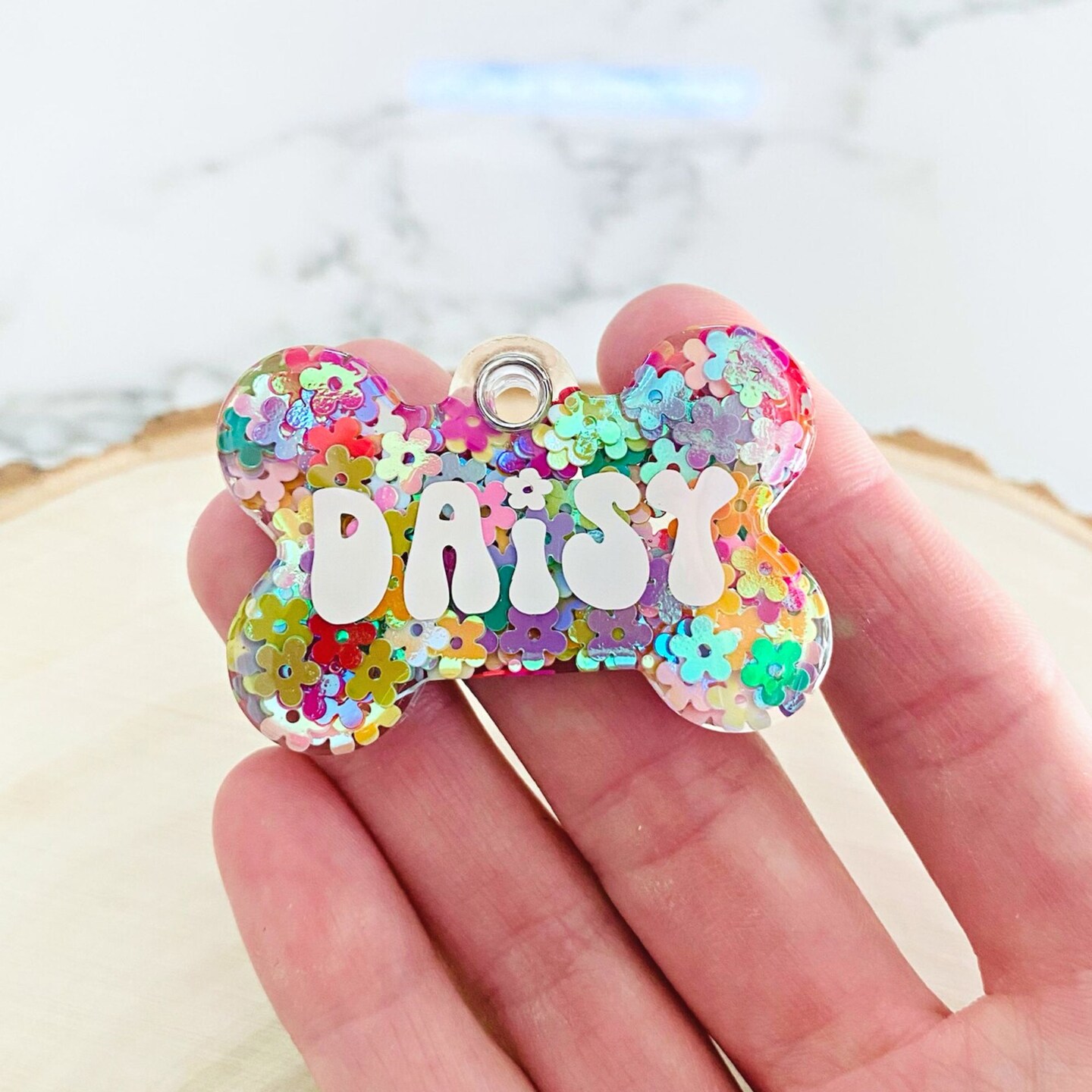 Retro Daisy Dog Tag Iridescent Flower Pet Tag Groovy Flowers Dog Name 