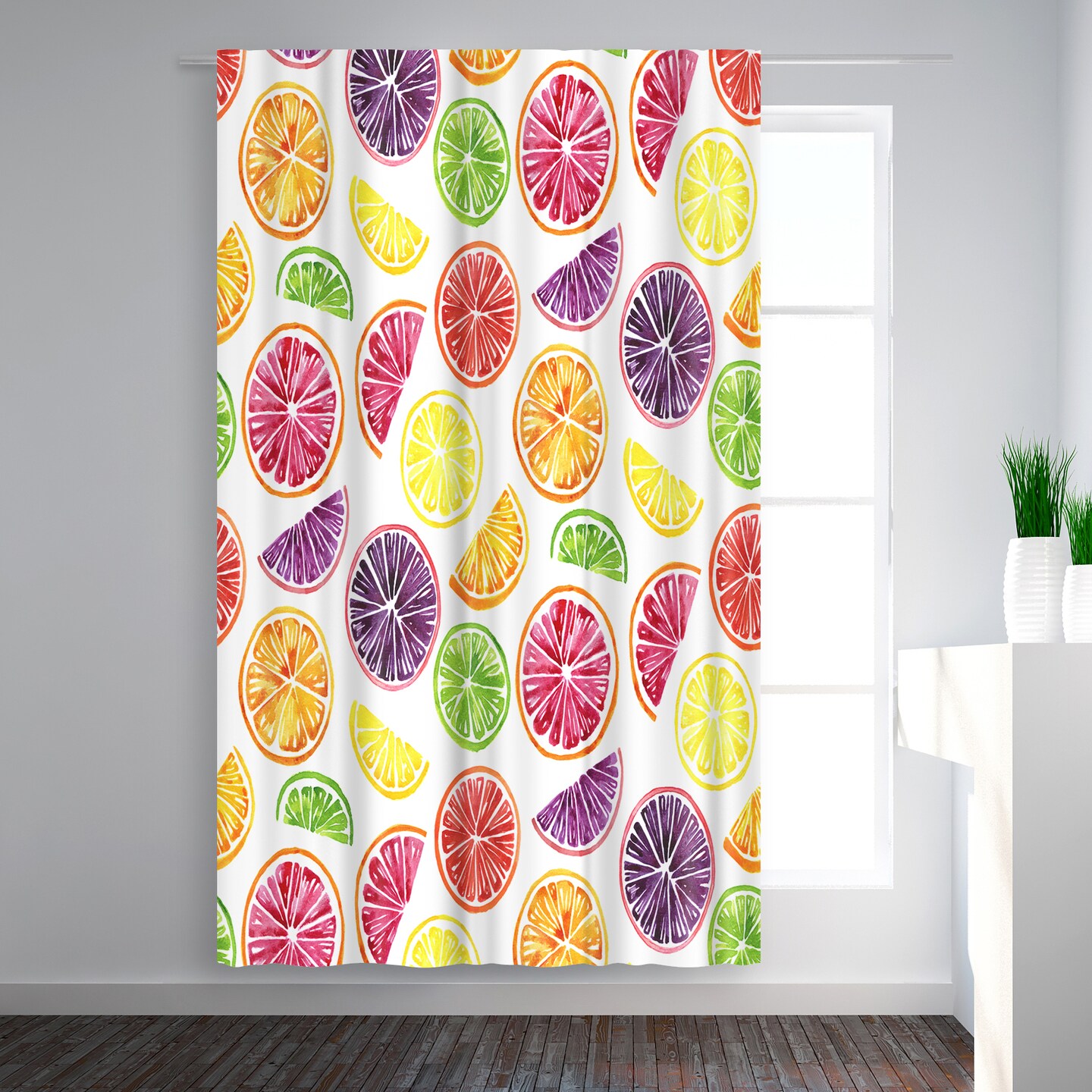 Citrus Wheels Repeat Tile Colorful White by Sam Nagel Blackout Rod Pocket Single Curtain Shade Panel 50x84