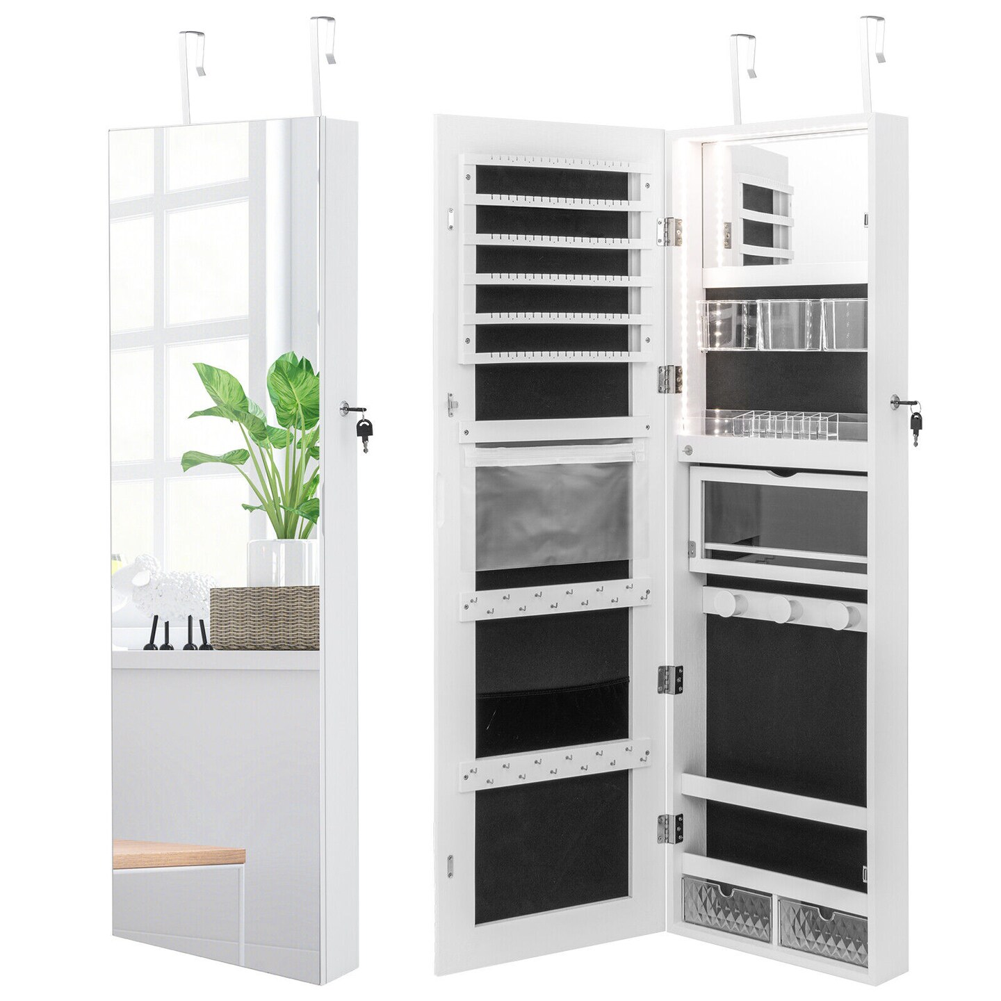 Wall Mounted Full-Length Mirror Jewelry Cabinet with LED Lights and Fold-able Shelf