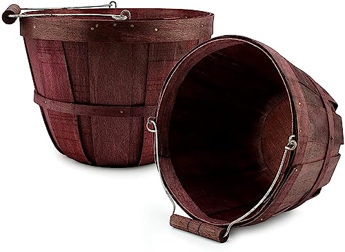 Cornucopia Round Wooden Baskets (2-Pack, Dark Brown); Wood Fruit Buckets with Handle, Gallon Capacity