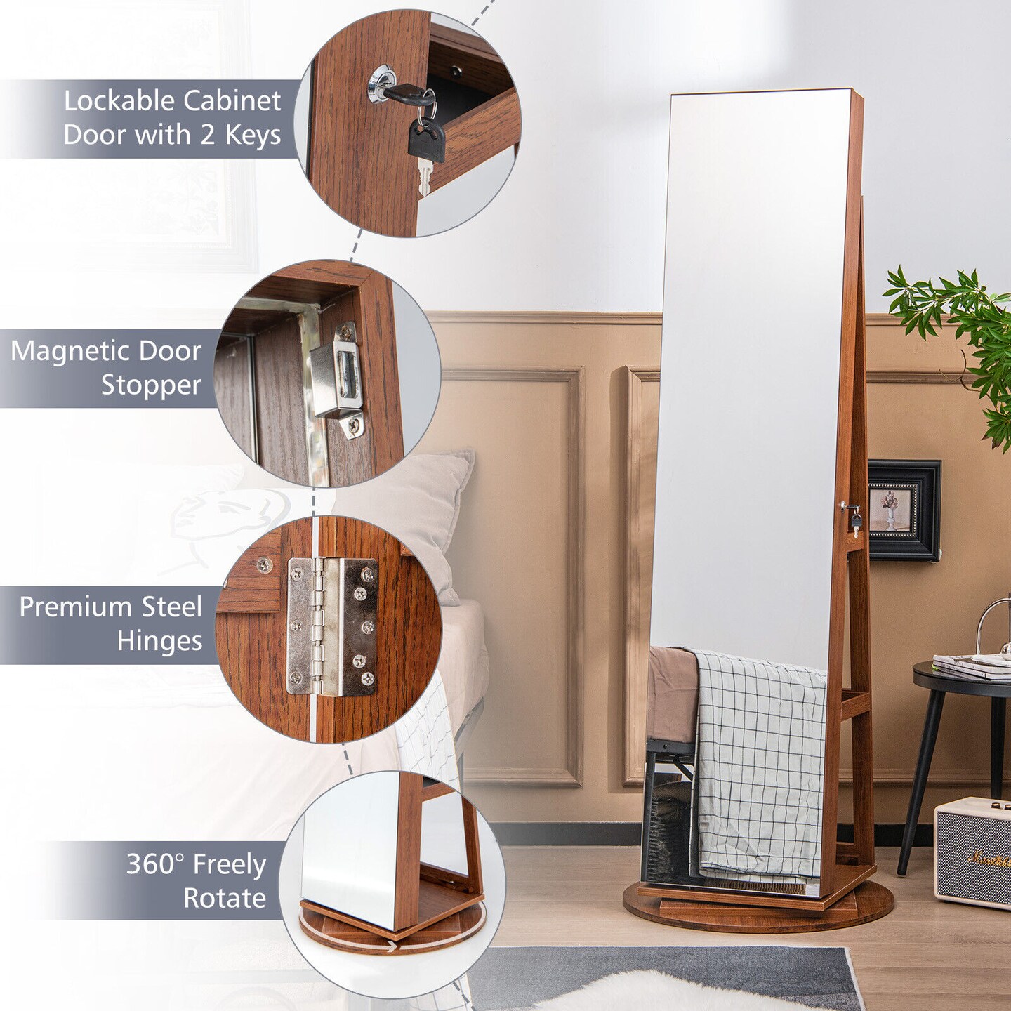 360 Degree Full Length Mirror Jewelry Armoire Cabinet with 3-Color LED Lights and Lockable Door