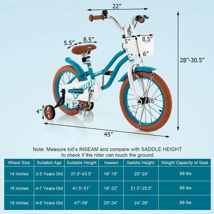 16 Inch Kids Adjustable Bike with Cute Basket for Storage and 2 Training Wheels