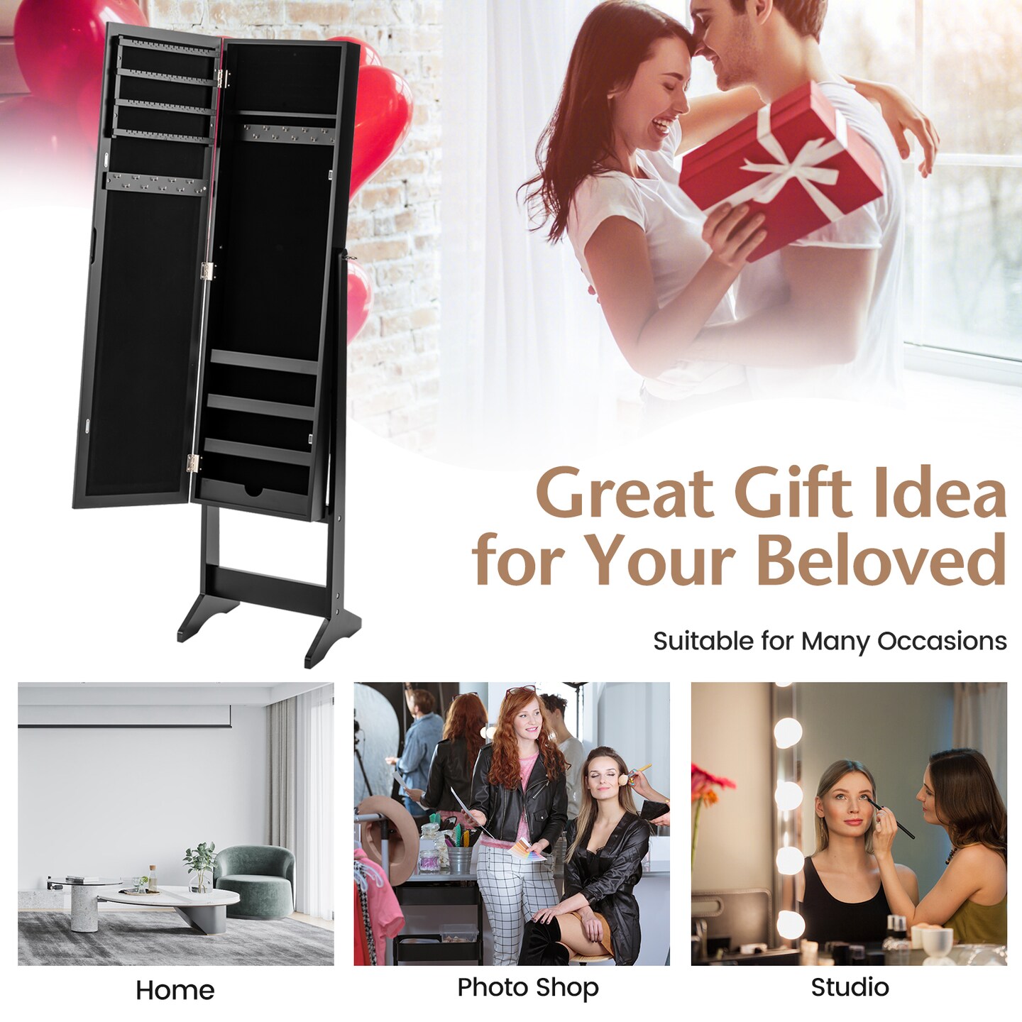 Full Length Mirrored Standing Jewelry Cabinet Storage Box