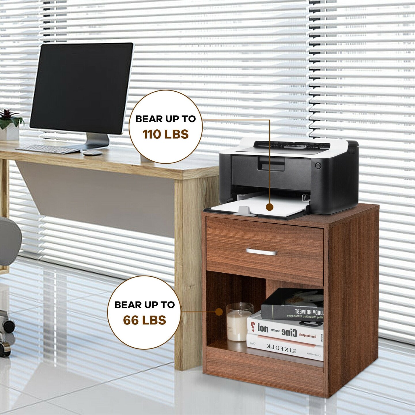 Set of 2 Modern Nightstand with Storage Drawer with Metal Handle and Large Open Shelf