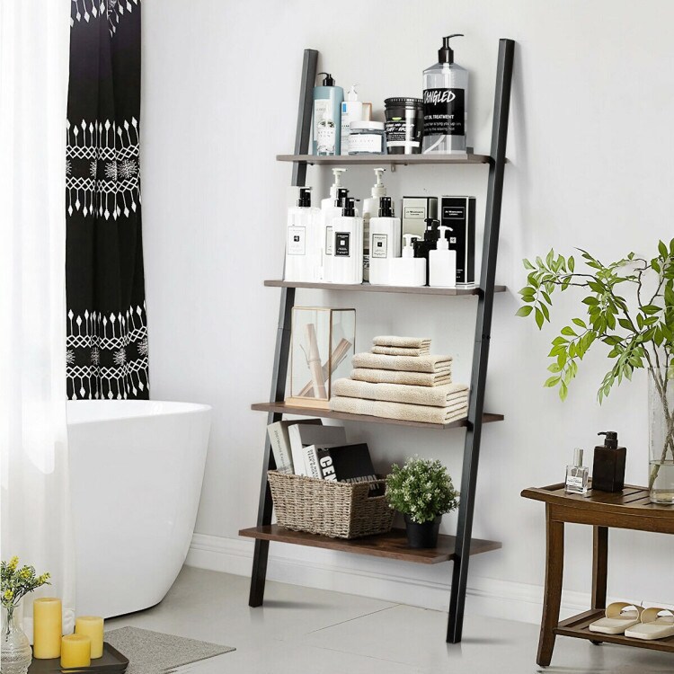 Metal Particle Board 4-Tier Ladder Shelf with Wall Mount