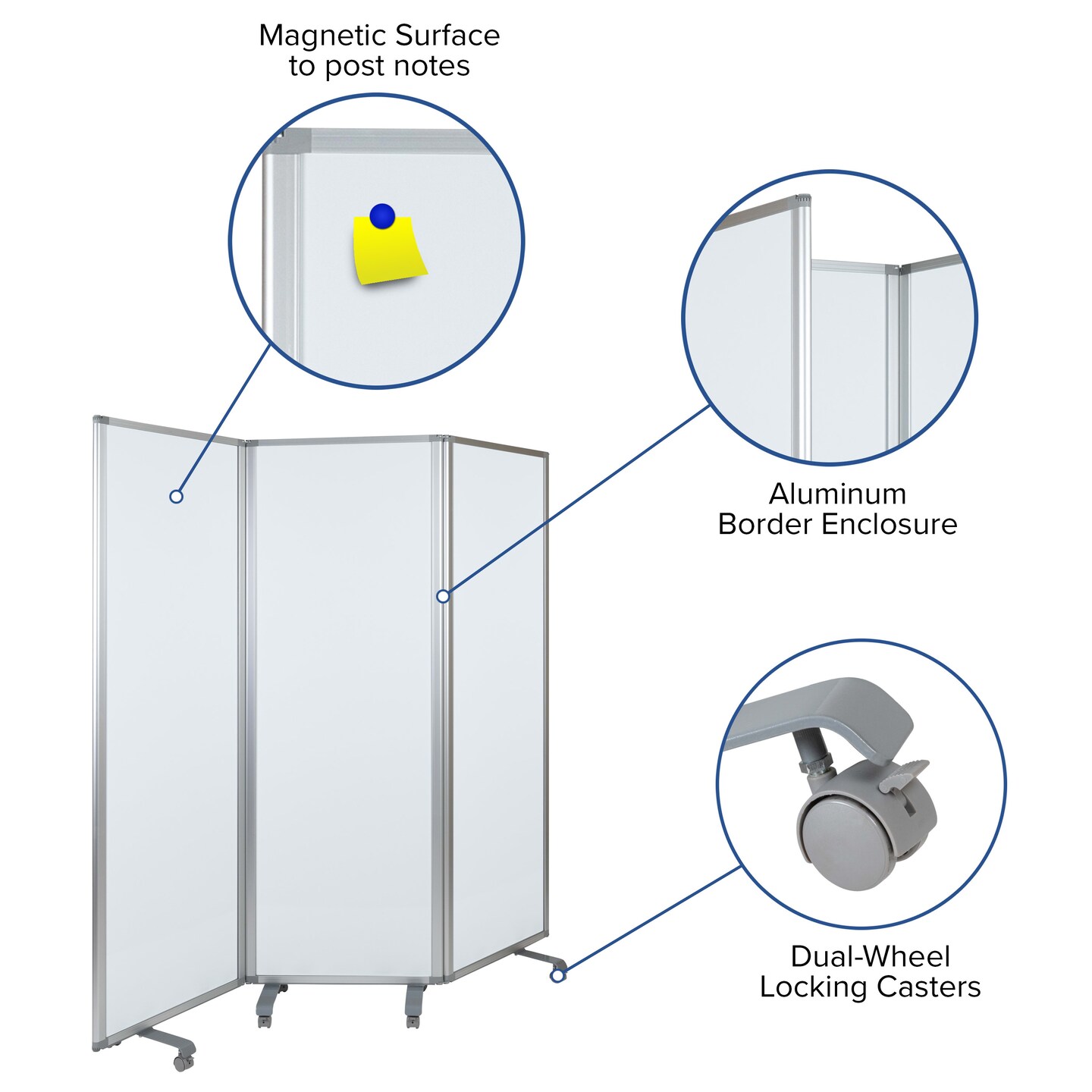 Emma and Oliver Mobile Magnetic Whiteboard 3 Section Partition with Locking Casters, 72&#x22;H x 24&#x22;W
