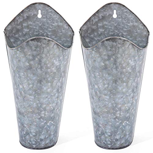Mkono Galvanized Metal Wall Planter Farmhouse Wall Vase for Artificial Plants Flowers, Rustic Hanging Fake Flowers Holder Country Home Bedroom Living Room Decor Set of 2, Silver, Small