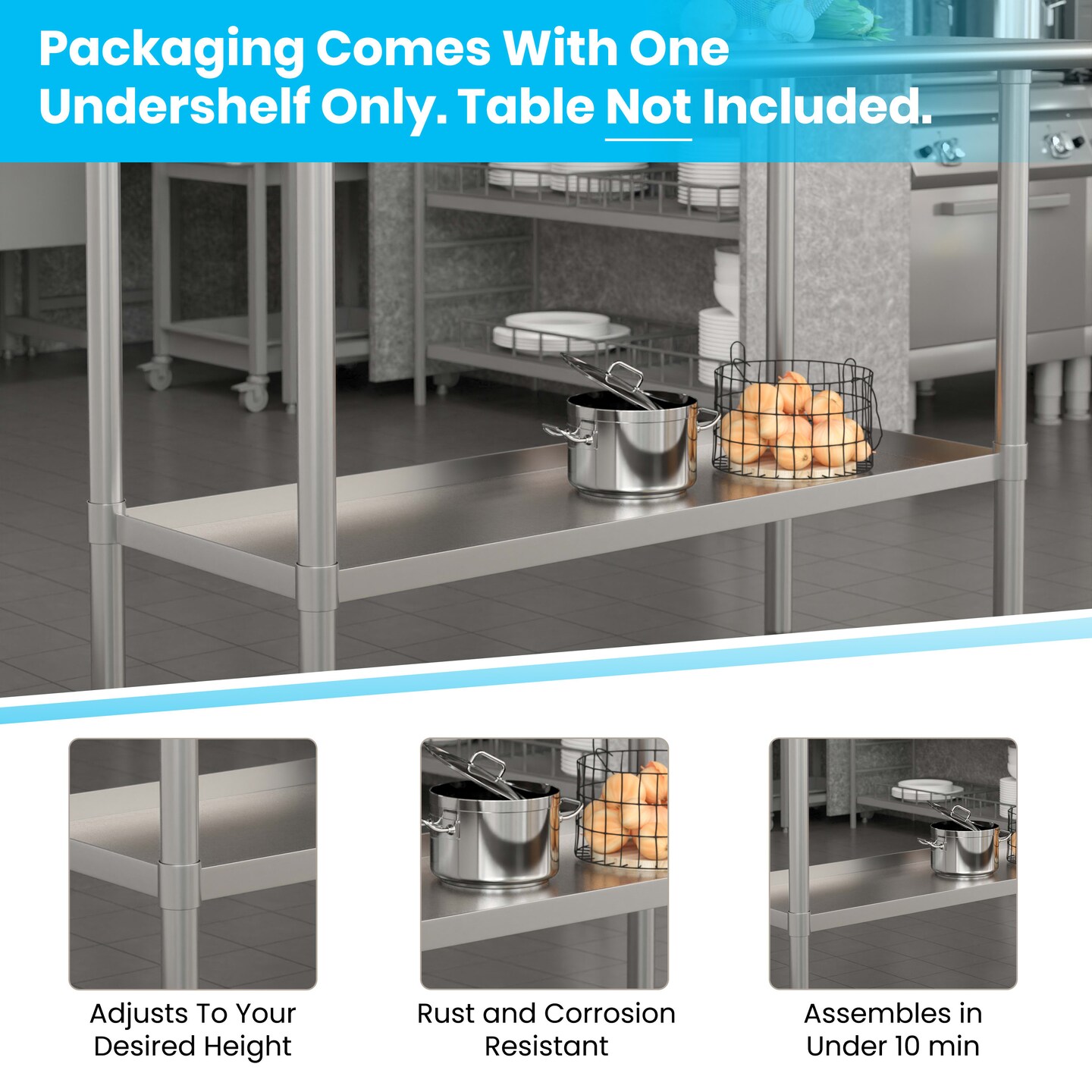 Emma and Oliver Under Shelf for Kitchen Prep and Work Tables - Adjustable Galvanized Lower Shelf for Stainless Steel Tables