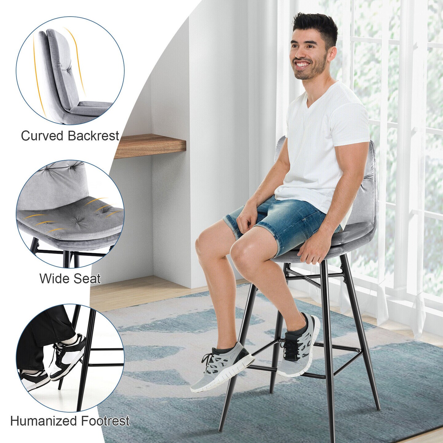 29 Inch Velvet Bar Stools Set with Tufted Back and Footrests- Set of 2
