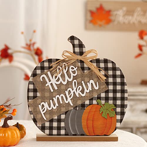 Fall Hello Pumpkin Sign Decorations, 12&#x22;/30CM Wooden Autumn Buffalo Plaid Tabletop Decor, for Home Farmhouse Living Room Harvest Day Thanksgiving Decor.