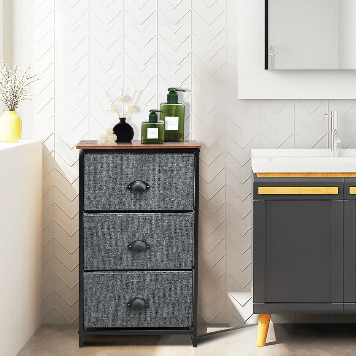 Modern Side Table Nightstand Storage Dresser Chest with 3 Fabric Removable Drawers and Metal Frame