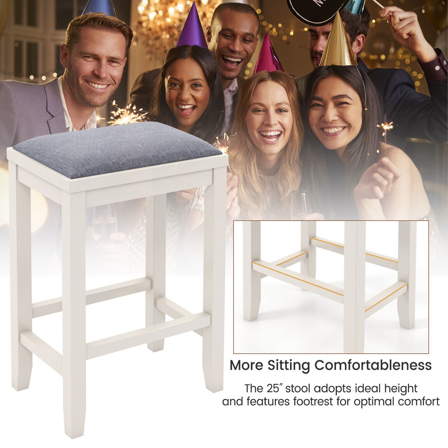 2 Pieces 25 Inch Upholstered Bar Stool Set with Solid Rubber Wood Frame and Footrest
