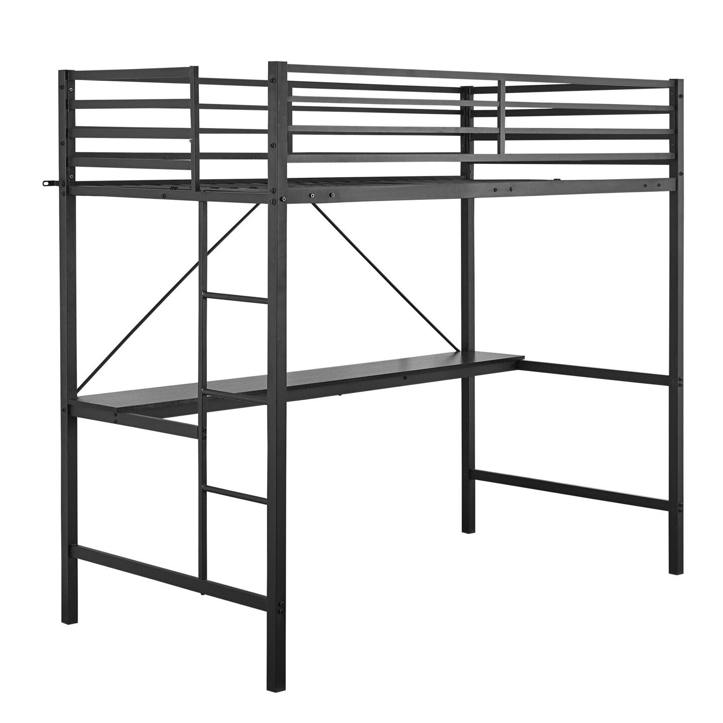 Emma and Oliver Jensen Metal Loft Bed Frame with Desk, Protective Guard Rails and Ladder for Kids, Teens and Adults