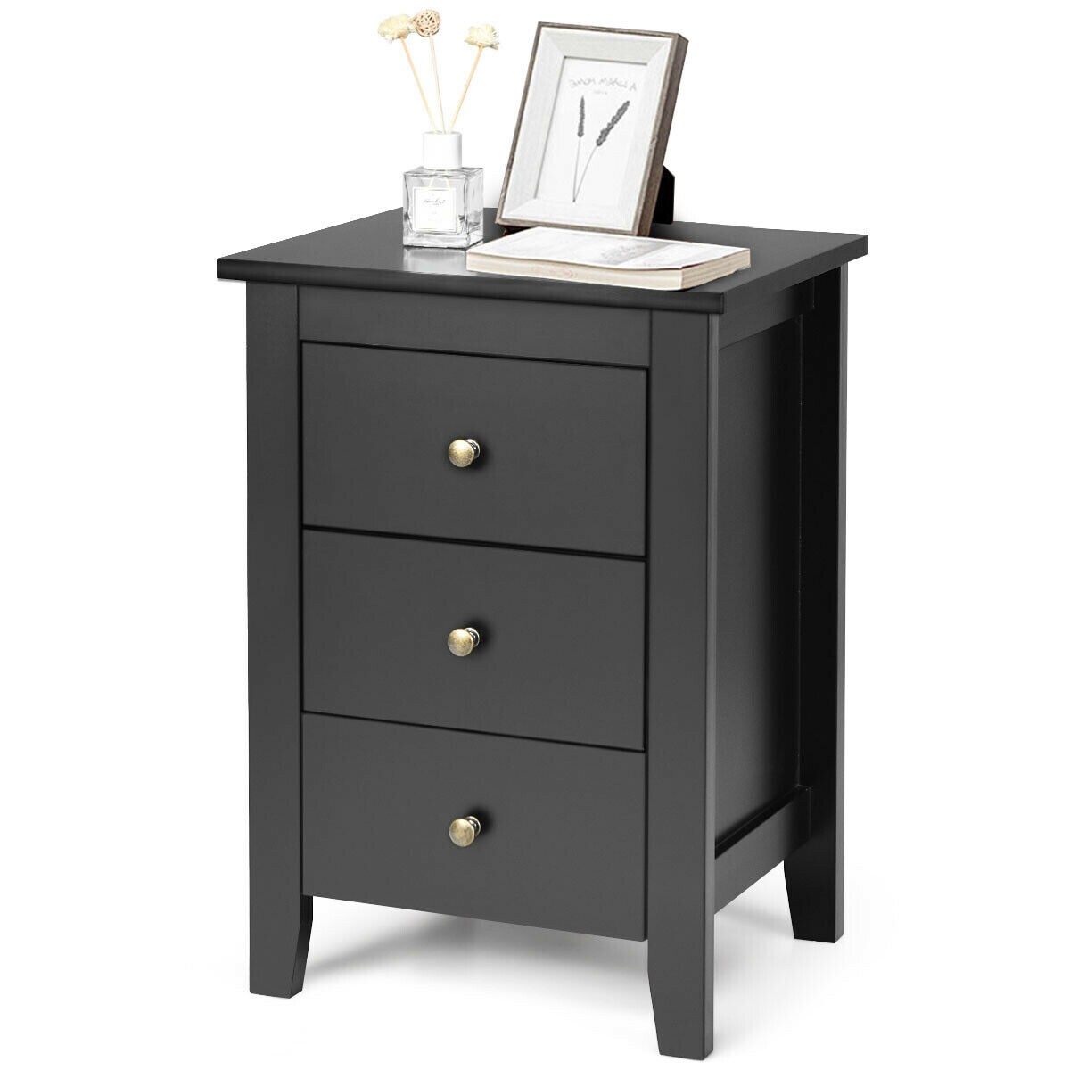 Modern Nightstand End Beside Table with 3 Storage Drawers and Open Platform