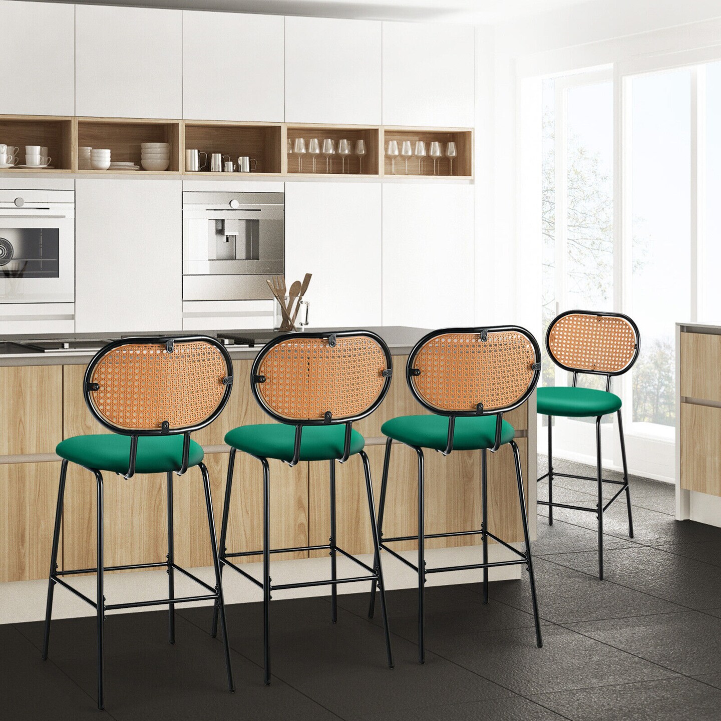 29.5 Inch Modern Faux Leather Bar Stools with Imitation Rattan Woven Backrest