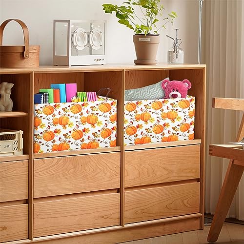 Pumpkin Fall Storage Bin Basket Collapsible with Leather Handles Waterproof Canvas Storage Cube Box for Closet Toys Clothes Thanksgiving Room Decor Gift Basket