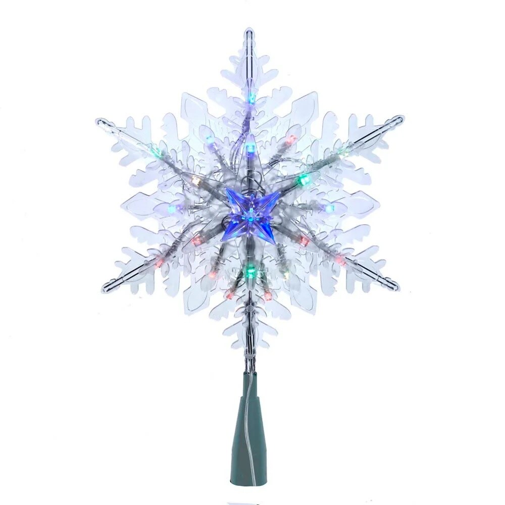 KSA 11" Lighted Blue and Clear Snowflake Christmas Tree Topper, Multicolor LED Lights