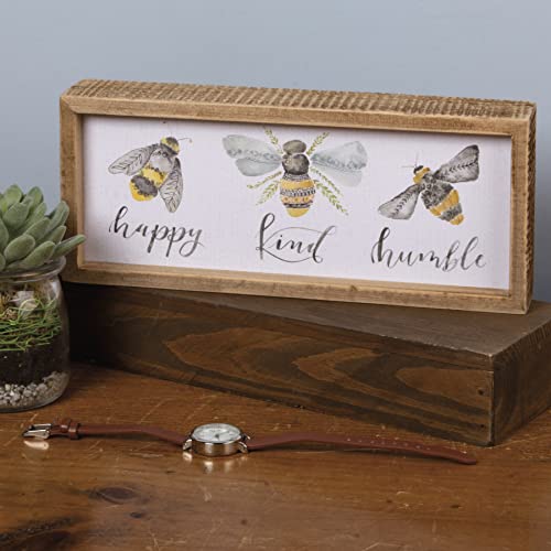 Primitives by Kathy 101758 Inset Box Sign, 10&#x22; Length x 4.25&#x22; Height x 1.75&#x22; Width, Bees - Happy, Kind, Humble