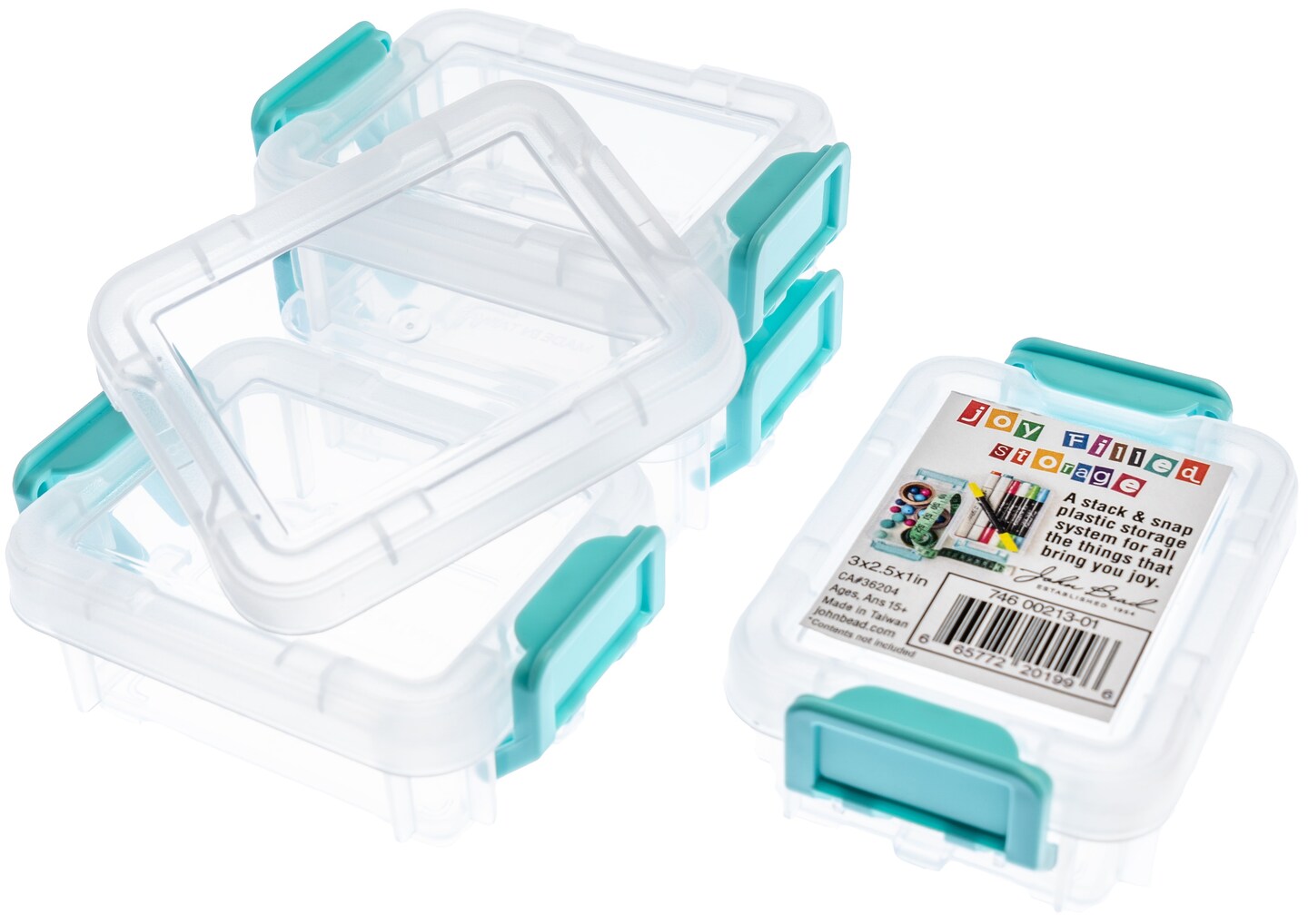 John Bead Joy Filled Storage Stackable Containers 4/Pkg-Clear/Turquoise 3"X2.5"X1"