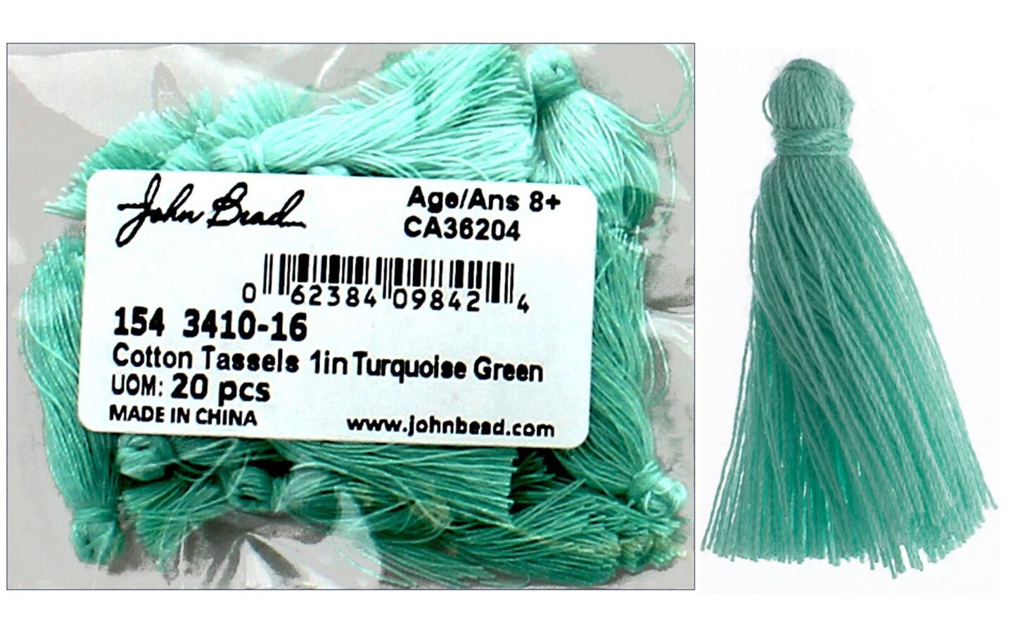 John Bead Tassel 1&#x22; Cotton 20pc Turquoise Green